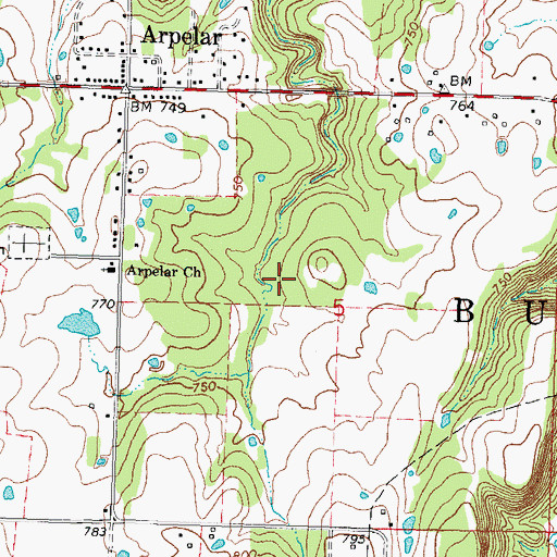 Topographic Map of Arpelar Census Designated Place, OK
