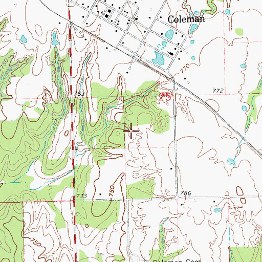 Topographic Map of Coleman Census Designated Place, OK