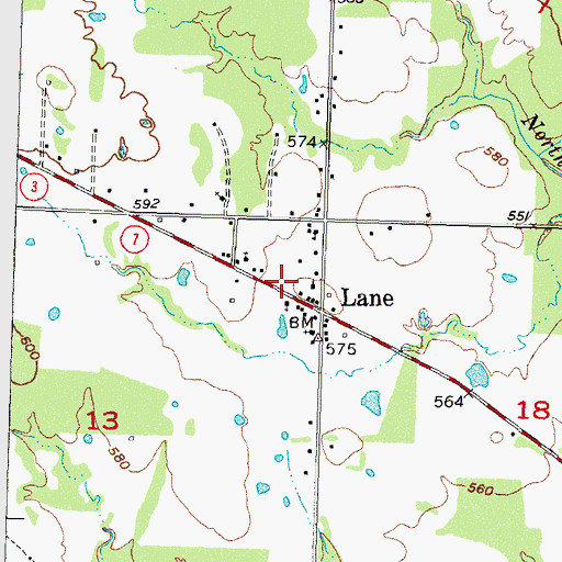 Topographic Map of Lane Census Designated Place, OK