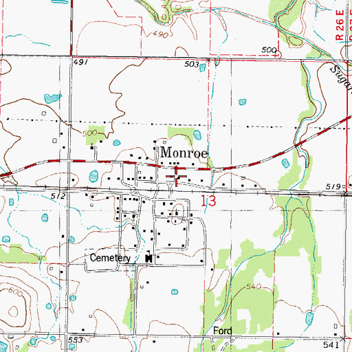 Topographic Map of Monroe Census Designated Place, OK