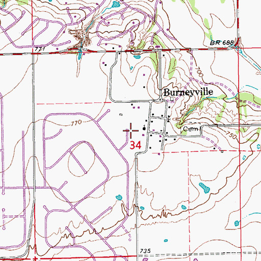 Topographic Map of Burneyville Census Designated Place, OK