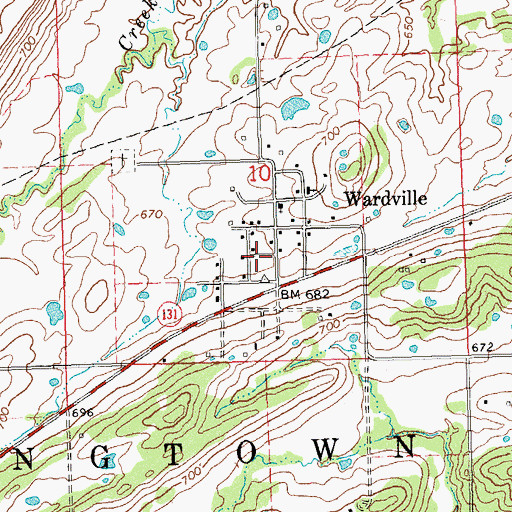 Topographic Map of Wardville Census Designated Place, OK