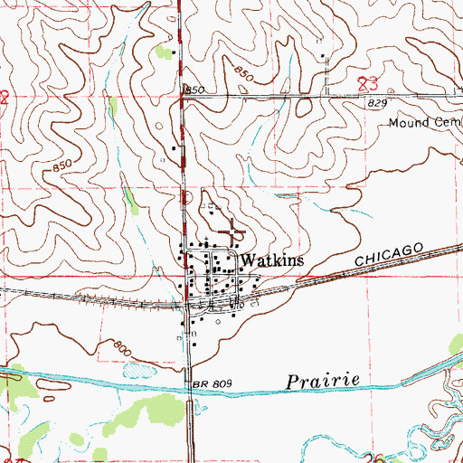 Topographic Map of Watkins Census Designated Place, IA