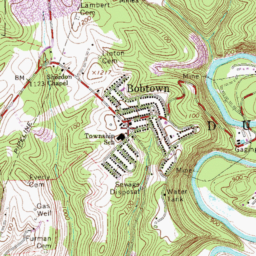 Topographic Map of Bobtown Census Designated Place, PA