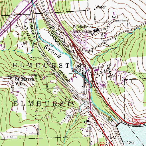 Topographic Map of Elmhurst Census Designated Place, PA