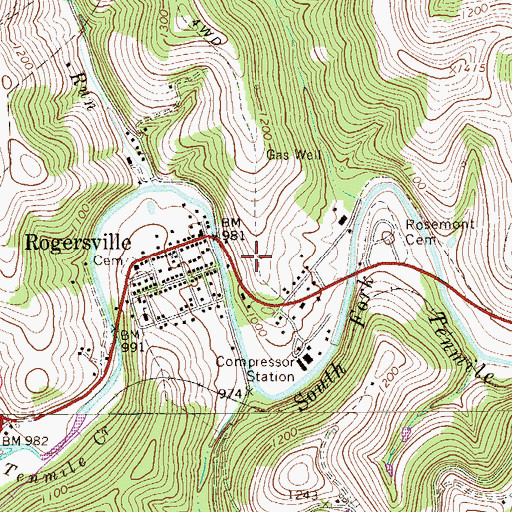 Topographic Map of Rogersville Census Designated Place, PA