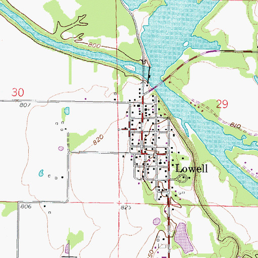 Topographic Map of Lowell Census Designated Place, KS