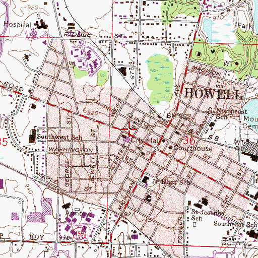Topographic Map of Howell Carnegie District Library, MI