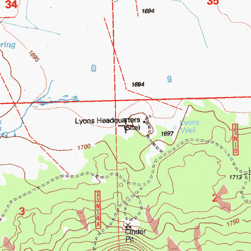 Topographic Map of Lyons Headquarters, CA