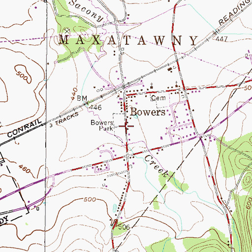 Topographic Map of Bowers Census Designated Place, PA