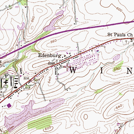 Topographic Map of Edenburg Census Designated Place, PA