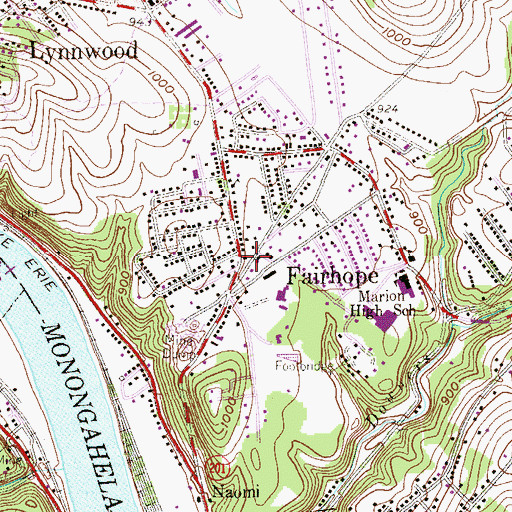 Topographic Map of Fairhope Census Designated Place, PA