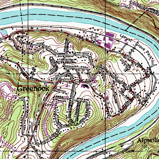 Topographic Map of Greenock Census Designated Place, PA