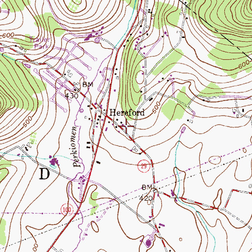 Topographic Map of Hereford Census Designated Place, PA