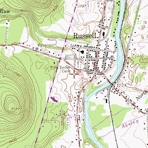 Topographic Map of Russell Census Designated Place, PA