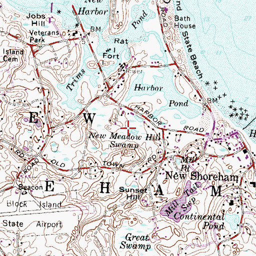 Topographic Map of New Shoreham Census Designated Place, RI