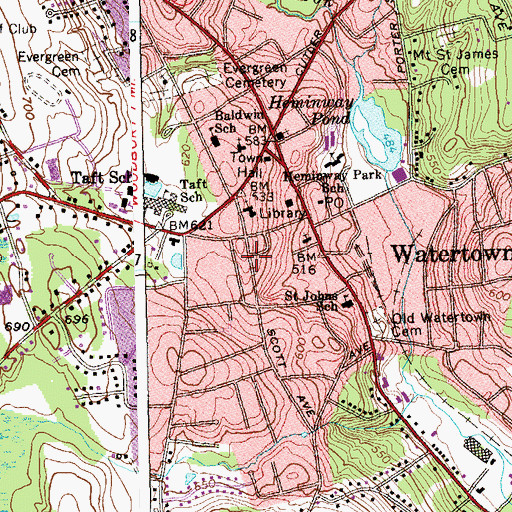 Topographic Map of Watertown Census Designated Place, CT