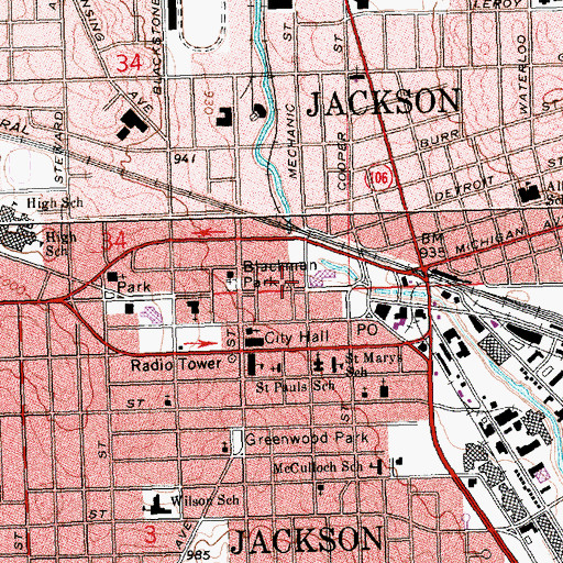 Topographic Map of Jackson Post Office, MI