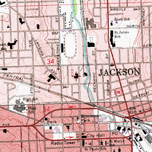 Topographic Map of Jackson Fire Department Station 1 Headquarters, MI