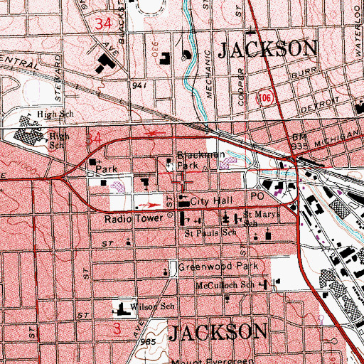 Topographic Map of Jackson City Hall, MI