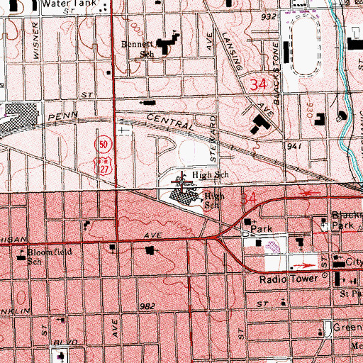 Topographic Map of Jackson High School, MI