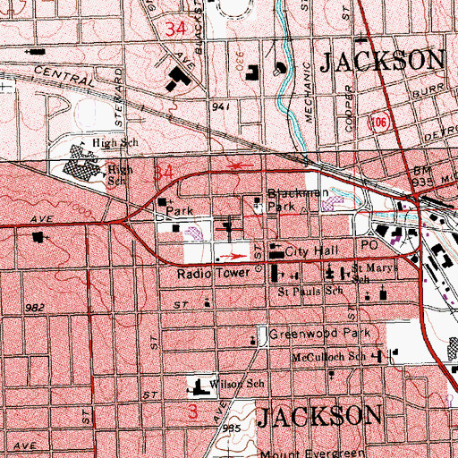 Topographic Map of First United Methodist Church, MI