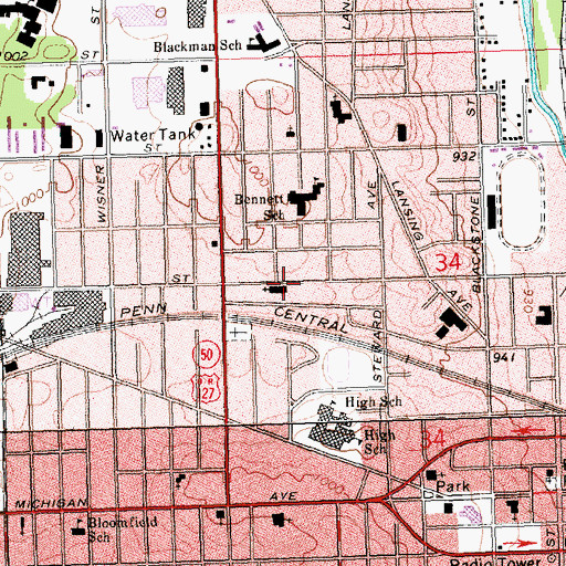 Topographic Map of Ganson Street Baptist Church, MI