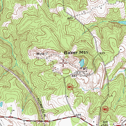 Topographic Map of Baker Mountain Mine, VA