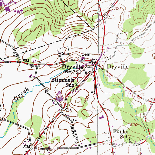 Topographic Map of Dryville Census Designated Place, PA