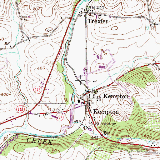 Topographic Map of Kempton Census Designated Place, PA