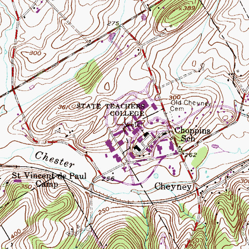 Topographic Map of Cheyney University Census Designated Place, PA