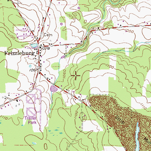 Topographic Map of Frizzleburg Census Designated Place, PA