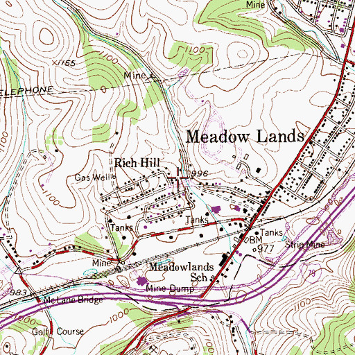 Topographic Map of Meadowlands Census Designated Place, PA