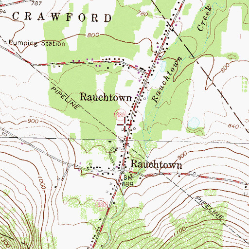 Topographic Map of Rauchtown Census Designated Place, PA