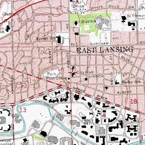 Topographic Map of East Lansing City Hall, MI