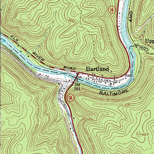 Topographic Map of Hartland Bridge, WV