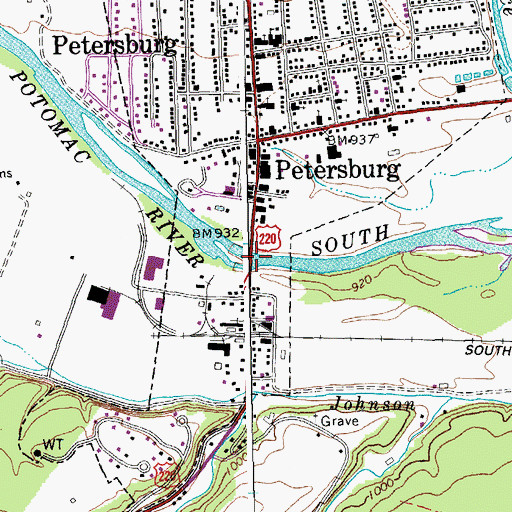 Topographic Map of Petersburg Bridge, WV