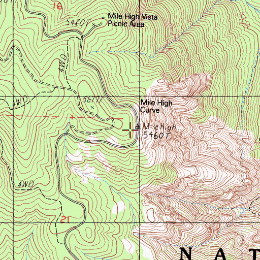 Topographic Map of Mile High Curve, CA