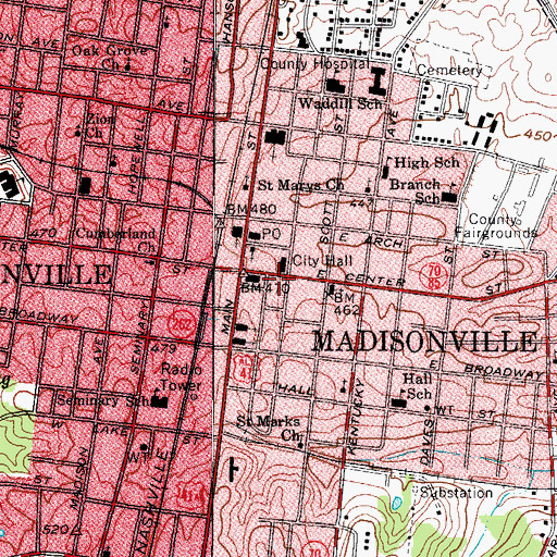 Topographic Map of Madisonville Fire Department Station 1, KY