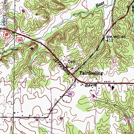 Topographic Map of Fairdealing - Olive Fire Station, KY