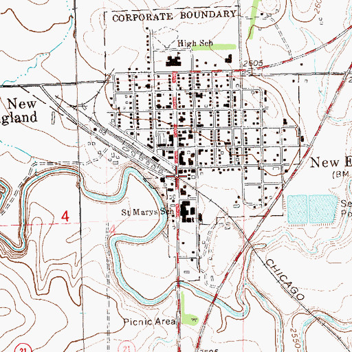 Topographic Map of New England Rural Fire Department, ND
