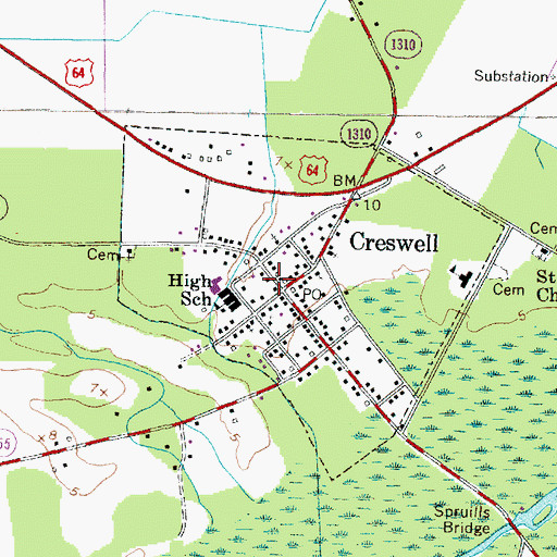 Topographic Map of Creswell Volunteer Fire Department, NC