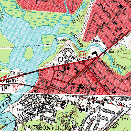 Topographic Map of Jacksonville Fire Department Station 1 Headquarters, NC