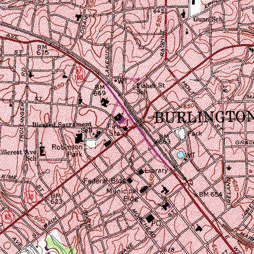Topographic Map of Burlington Fire Department Headquarters, NC