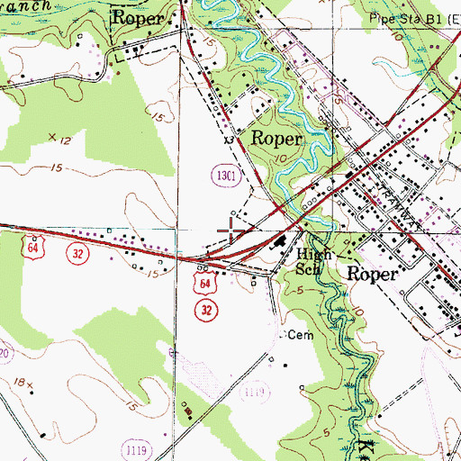 Topographic Map of Roper Volunteer Fire Department, NC
