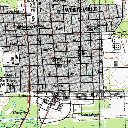 Topographic Map of Whiteville Fire Department, NC