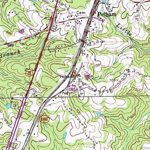 Topographic Map of Pelham Volunteer Fire Department of Caswell County, NC