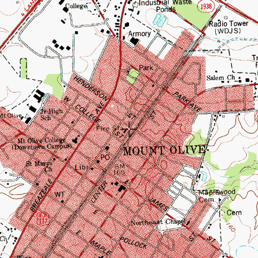 Topographic Map of Mount Olive Fire Department, NC