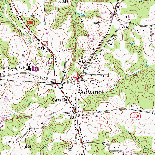 Topographic Map of Advance Fire Department Station 12, NC