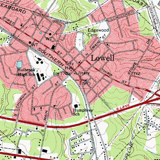 Topographic Map of Lowell Volunteer Fire Department, NC